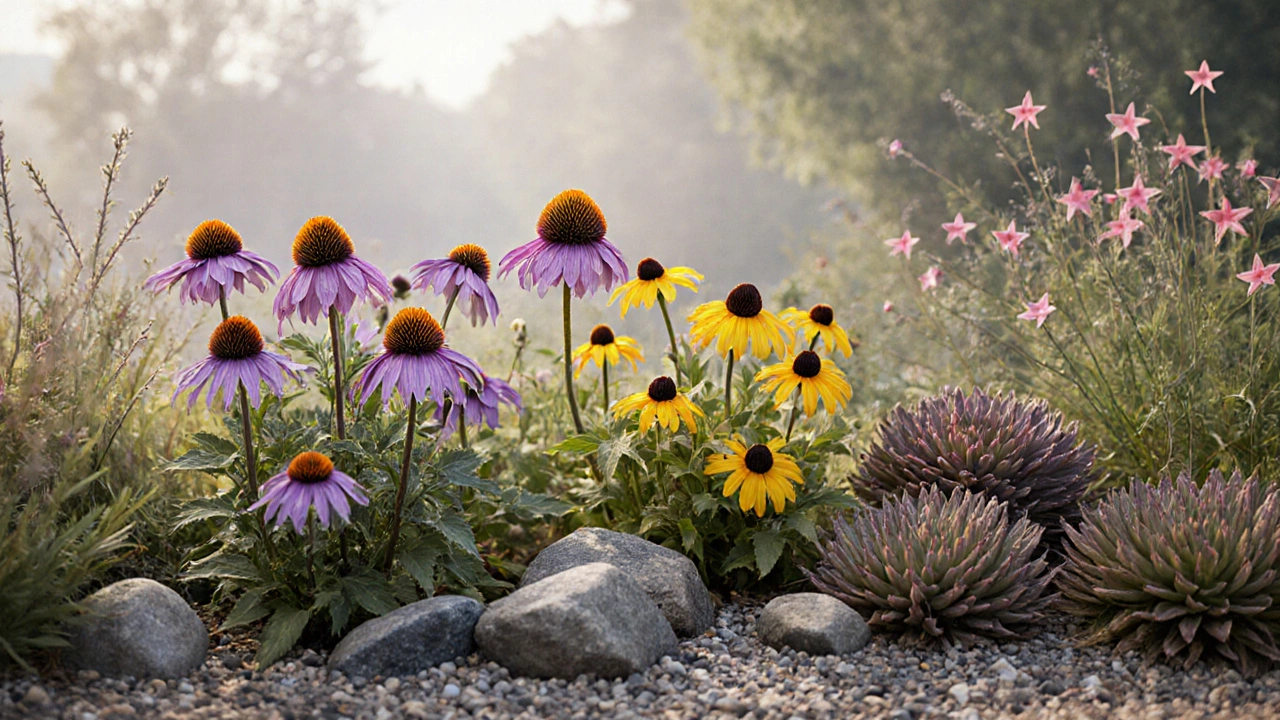 Цветущие эхинацея, рудбекия и седум на каменистой клумбе в туманном летнем саду.
