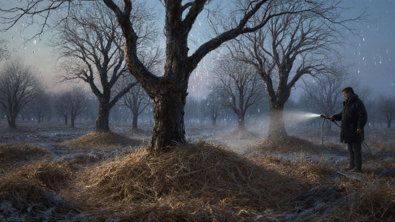 Деревья покрыты мульчой, после полива под вечерний морозный свет.