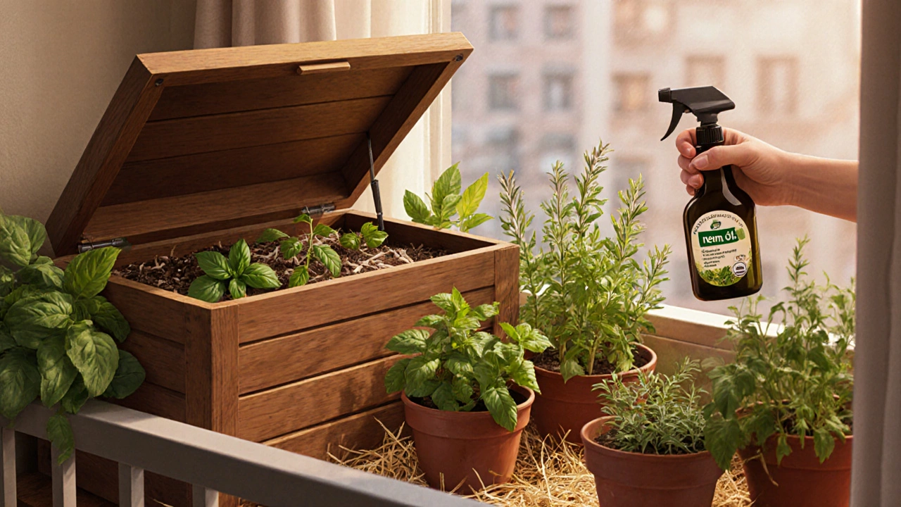 Домашний органический сад на балконе с компостным баком, травами и натуральным опрыскивателем.