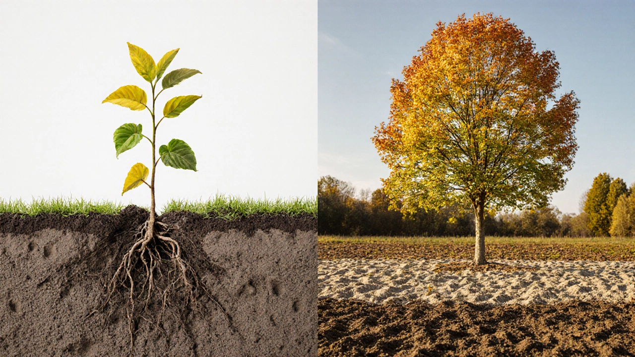 Два саженца: один погибает в глине, другой растёт в хорошей почве осенью.