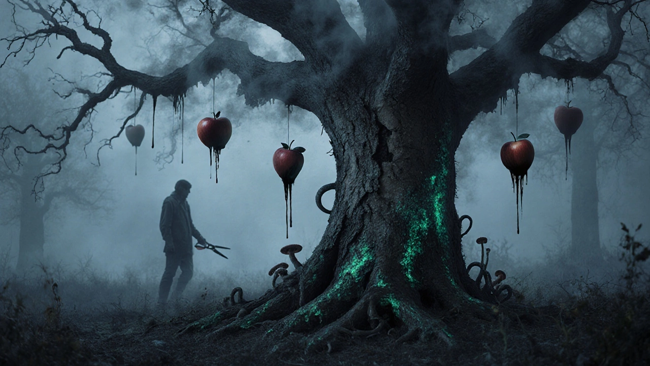 Мёртвое дерево с парящими срезанными ветвями, грибные наросты и тень садовника на заднем плане.