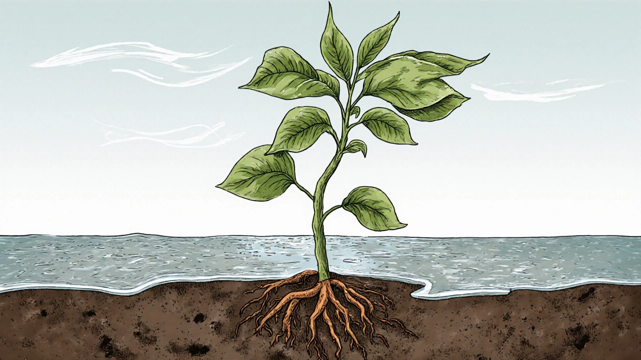 Молодое дерево в застоявшейся воде с гниющими корнями под ветром.