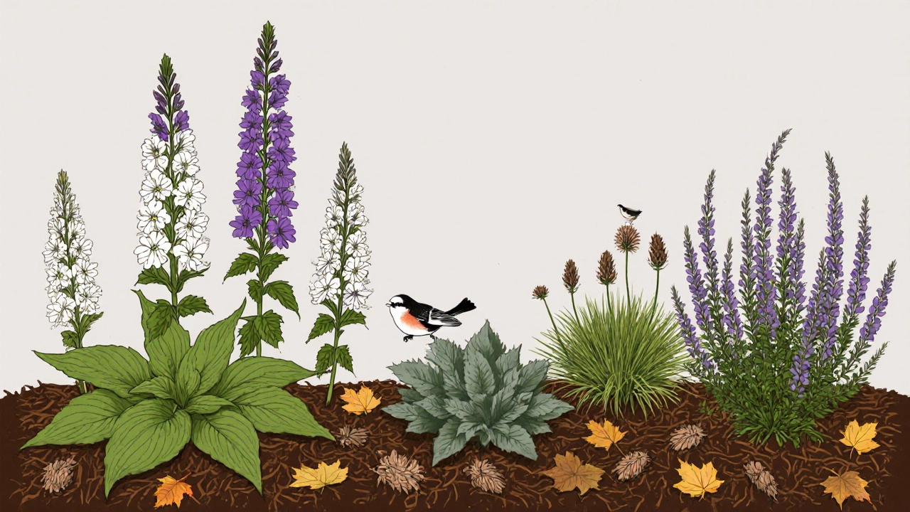 Осенью в саду: сухие стебли цветов и листья как естественное укрытие для многолетников.