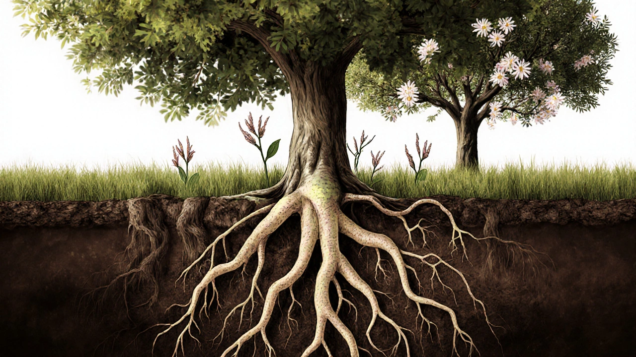 Разрез яблони: истощённые корни и слабые побеги, на фоне здорового дерева с цветами.