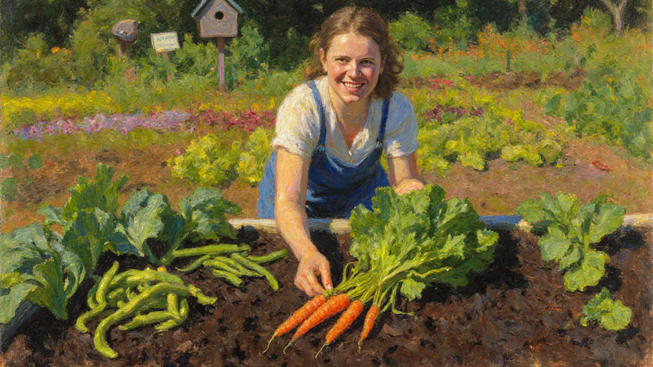 Садовник собирает урожай в ярком органическом огороде под солнечным светом.