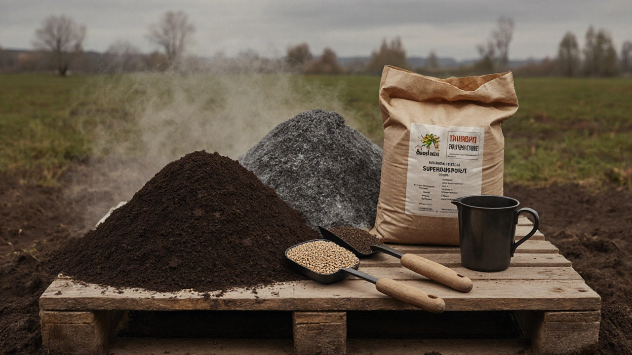 Три вида осенних удобрений: компост, зола и суперфосфат на деревянной подставке.