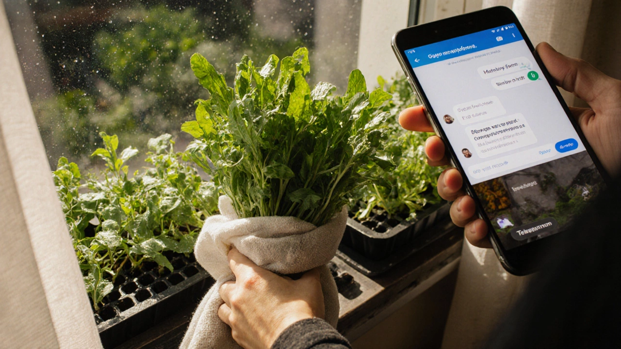 Балконная грядка с зеленью на подоконнике, рука держит пучок трав, на стекле отражается телефон.