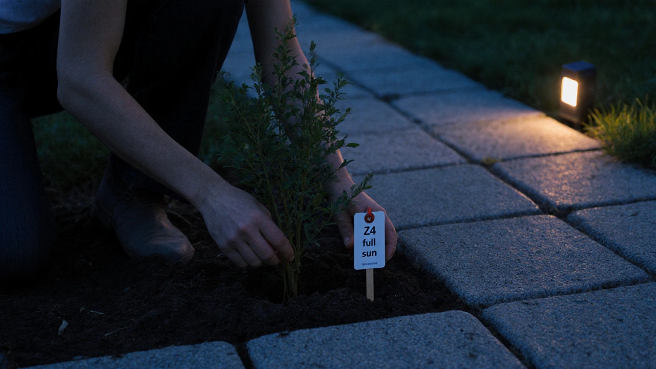 Человек сажает барбарис в хорошо дренированную почву, рядом — дорожка из плитки и скрытый светодиодный свет.