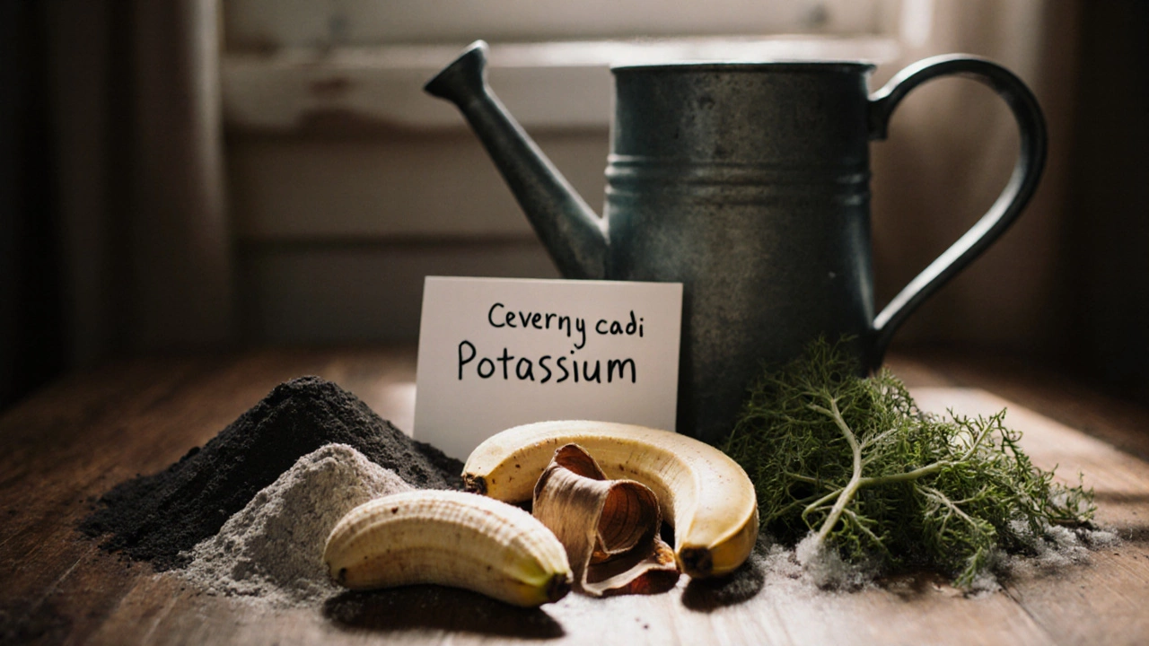 Четыре натуральных источника калия на деревянном столе: зола, кожура картофеля, банановые корки и крапива.