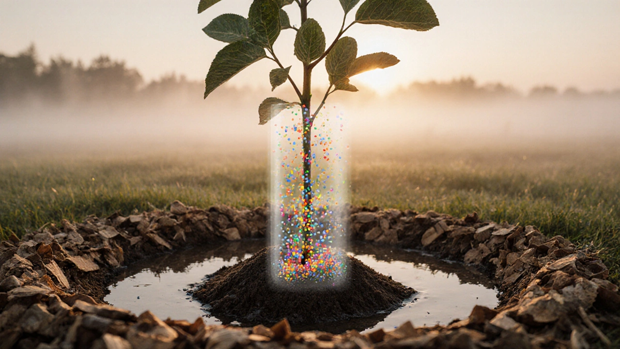 Молодое дерево с мульчированным приствольным кругом и валиком для удержания воды.