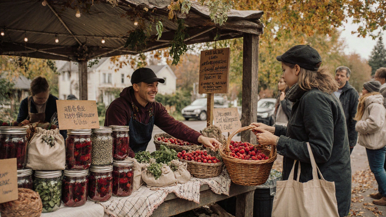 Небольшой рынок с банками маринованной свеклы, сушёной зеленью, семенами и малиной.
