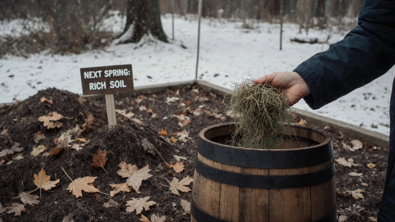 Осенью листья и скошенная трава мульчируют грядки для зимней защиты почвы.