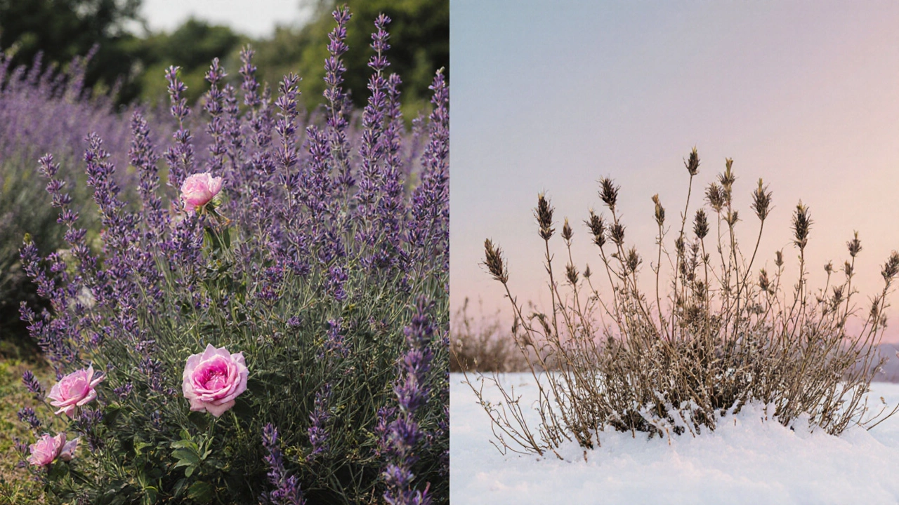 Переход от летнего цветения к зимним стеблям в одном саду.