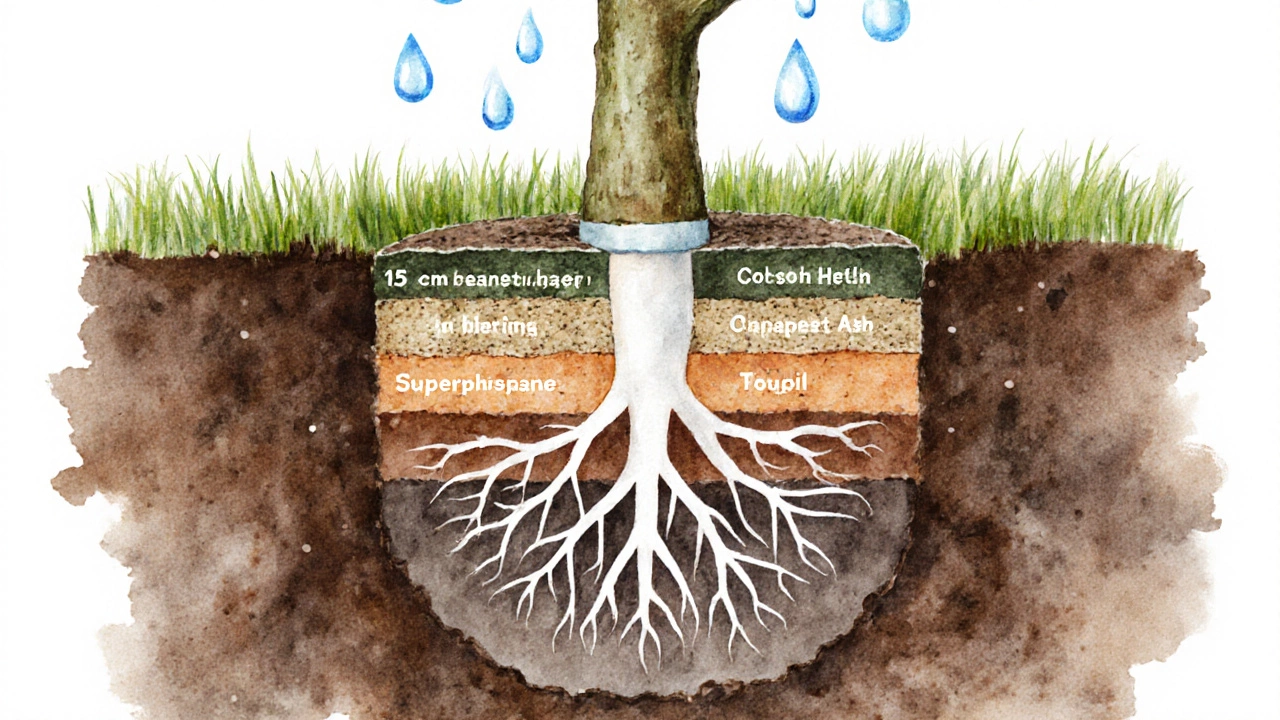 Разрез лунки с слоями почвы, дренажа и удобрений вокруг корней саженца.