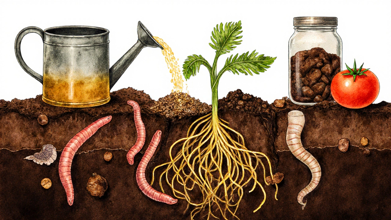 Разрез почвы с микроорганизмами, грибами и разлагающимися растительными остатками.