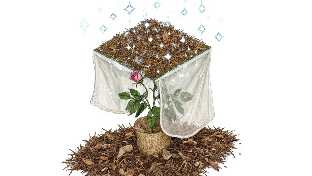 Роза с трёхслойной защитой: мешковина, агроволокно и хвойный лапник