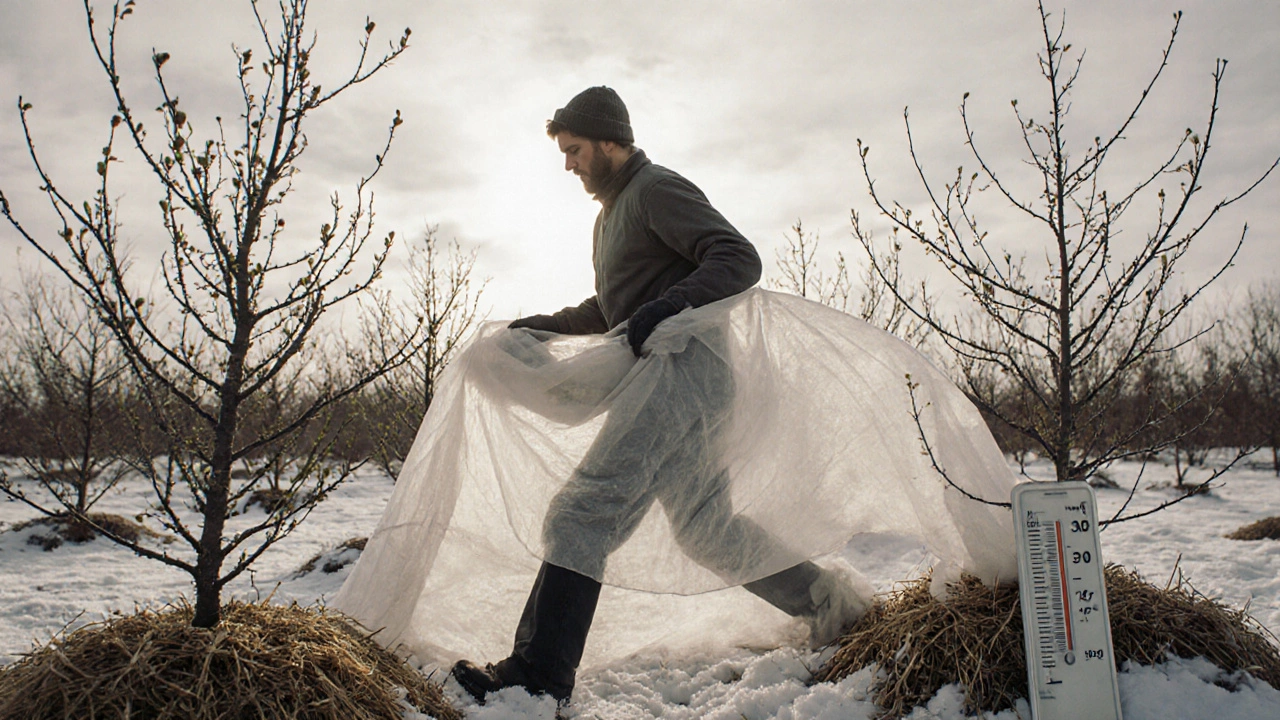 Садовник снимает укрытие с фруктовых деревьев в апреле при +3°C