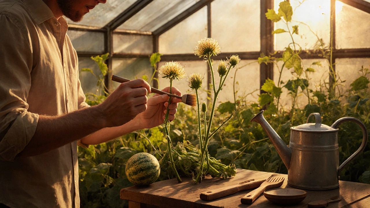 Садовник вручную опыляет цветки дынь кисточкой в теплице, огурцы видны на заднем плане.