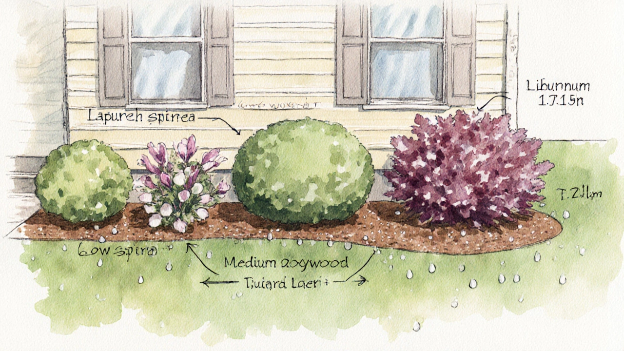Схема посадки кустарников у дома: низкие, средние и высокие растения с обозначением дренажа и расстояния от фундамента.