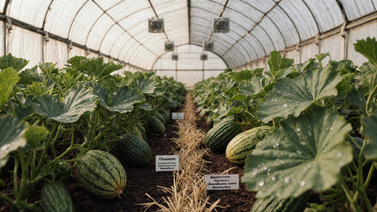 Схематичный вид двух зон в теплице: огурцы с азотной подкормкой, дыни с калийной, разделённые мульчей.