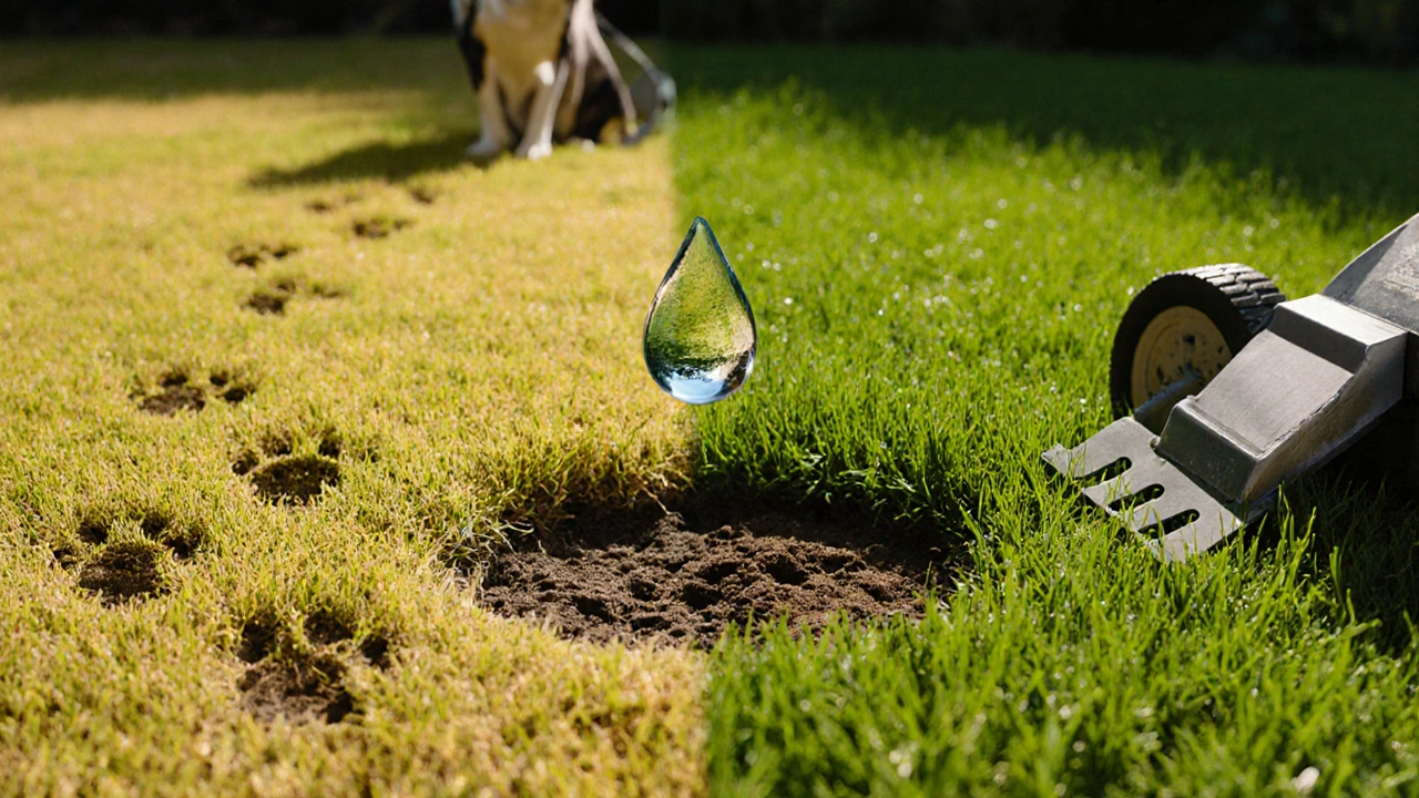 Сравнение пожелтевшего и зеленого газона: слева — стресс, справа — восстановление, по центру — капля воды.