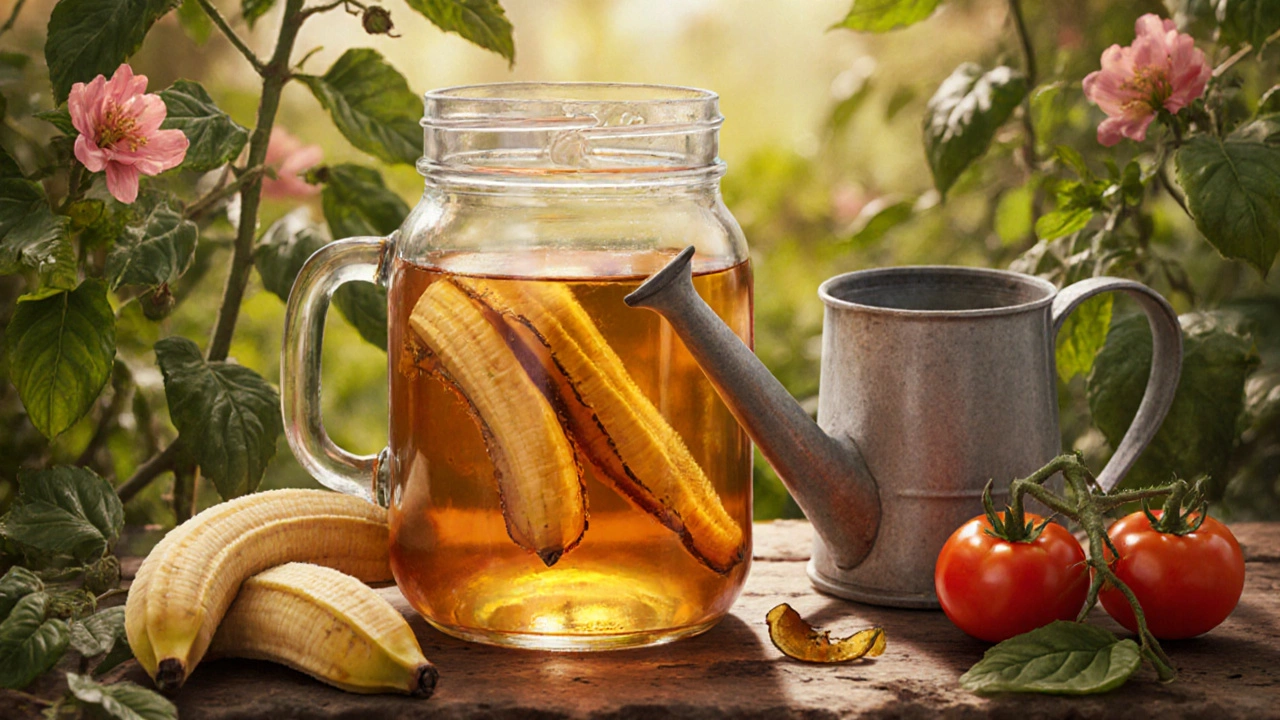 Стеклянная банка с настоем из банановых корок рядом с помидорами.