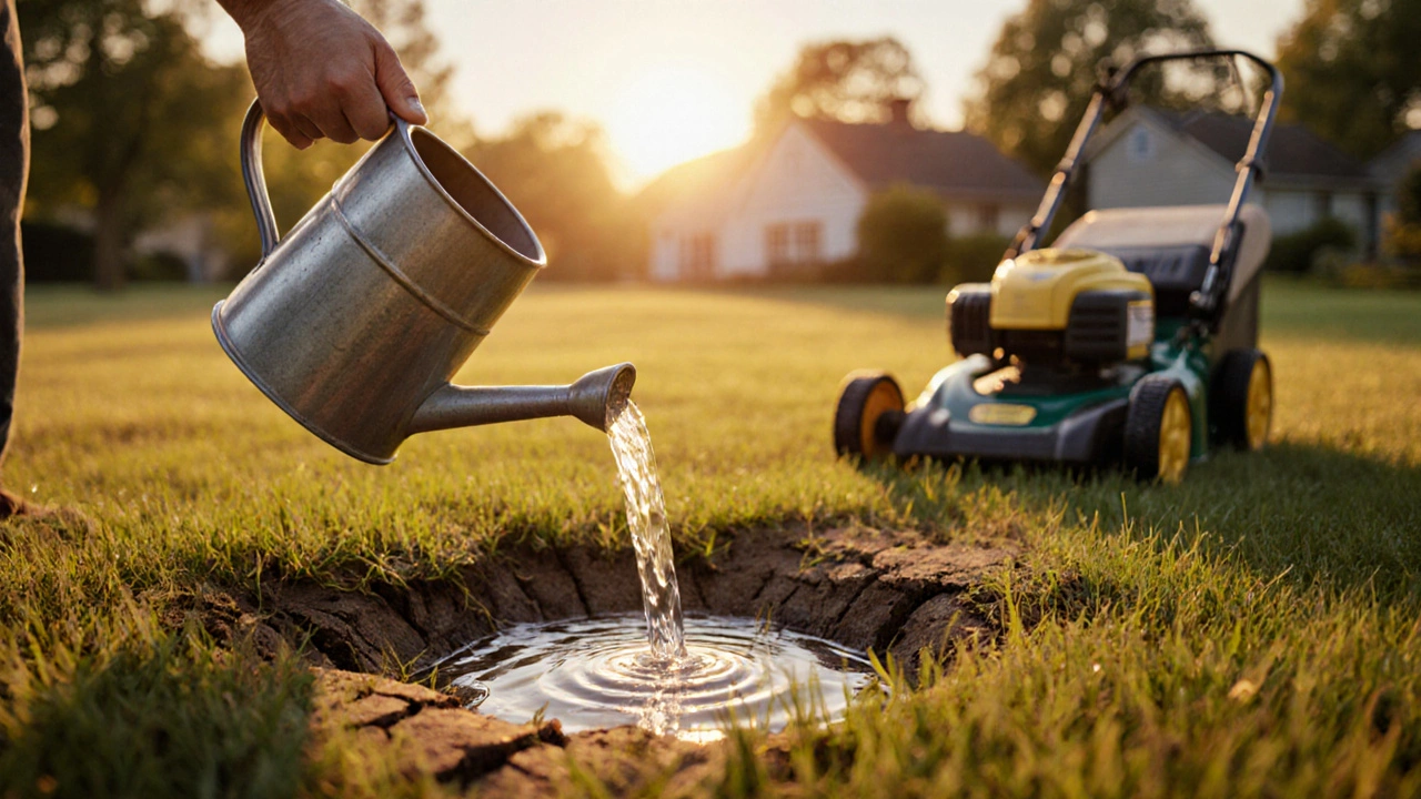 Утренний полив газона, вода медленно впитывается в сухую почву, на заднем плане — неподвижная косилка.