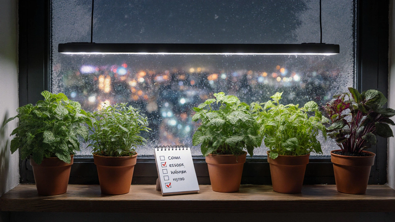 Вертикальная грядка с ароматными травами под светодиодными лампами в городской квартире.