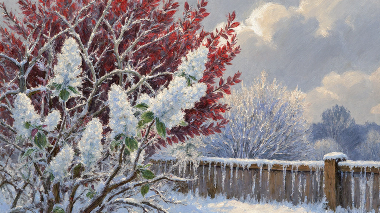 Замерзший куст сирени с ледяными соцветиями и багровыми листьями кизильника на фоне весеннего неба.