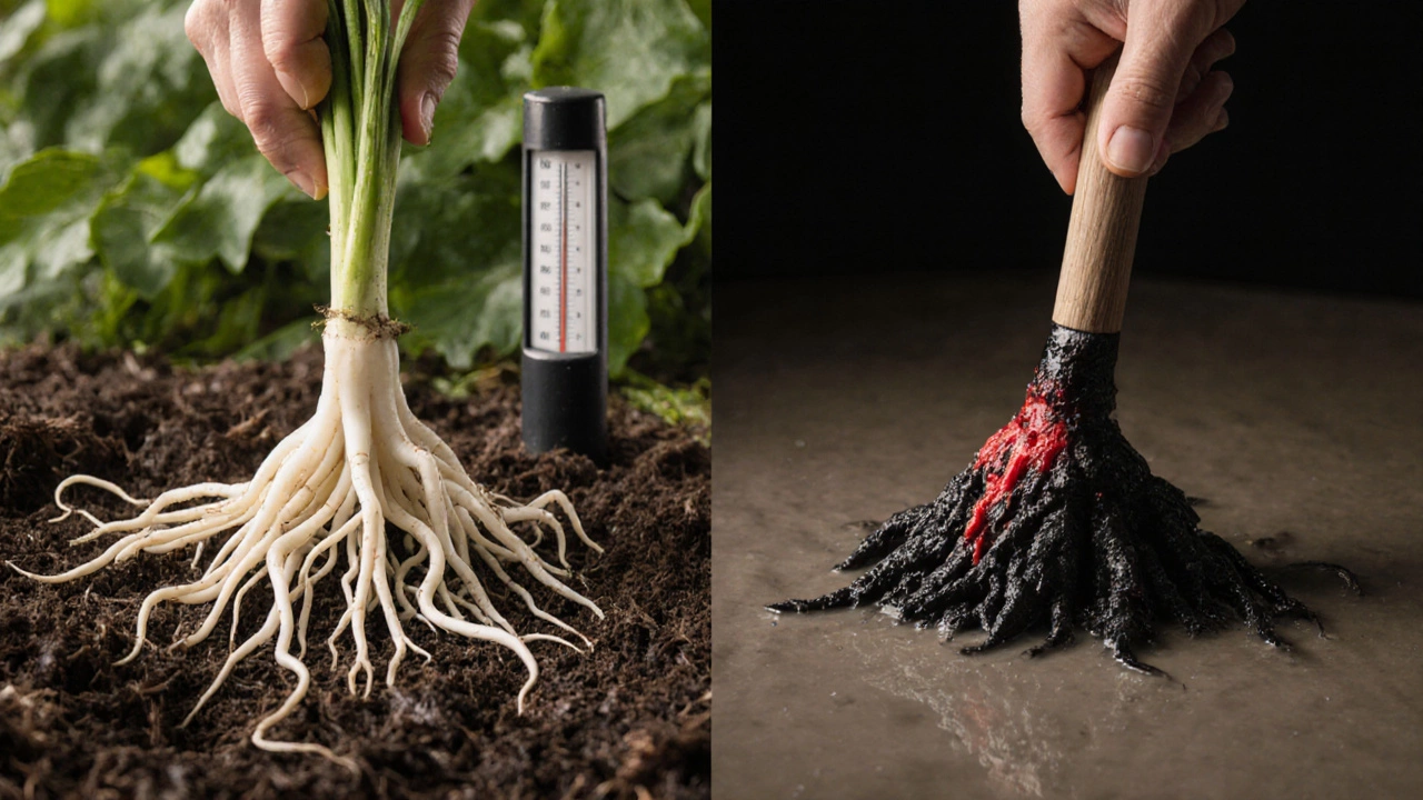 Здоровые и гнилые корни цветов, сравнение влажной и переувлажнённой почвы.