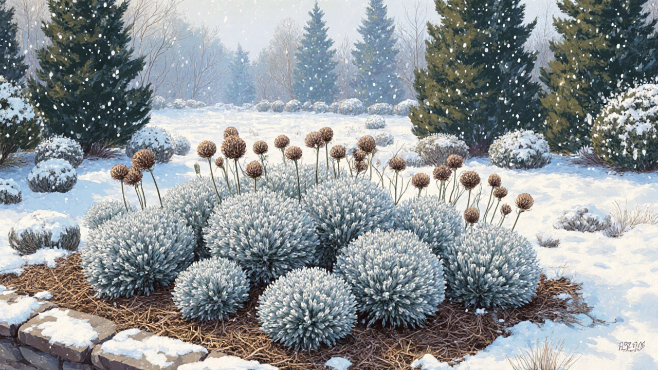 Зимний сад с седумом и хризантемами под слоем лапника и снега.