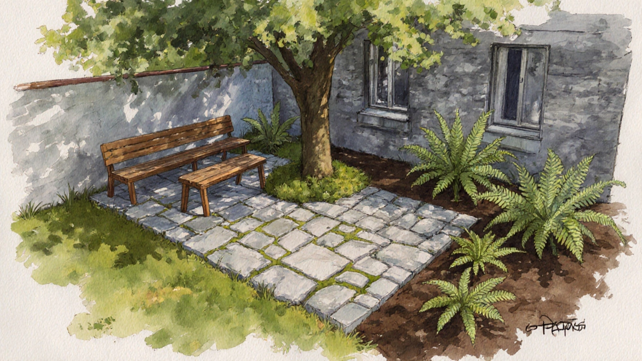 Зоны сада: зона отдыха с лавочкой, зона барбекю с плиткой и зона тени с папоротниками в северном климате.