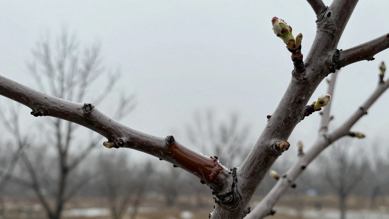 Близкий план свежего среза на ветке груши, покрытого садовым варом и инеем.