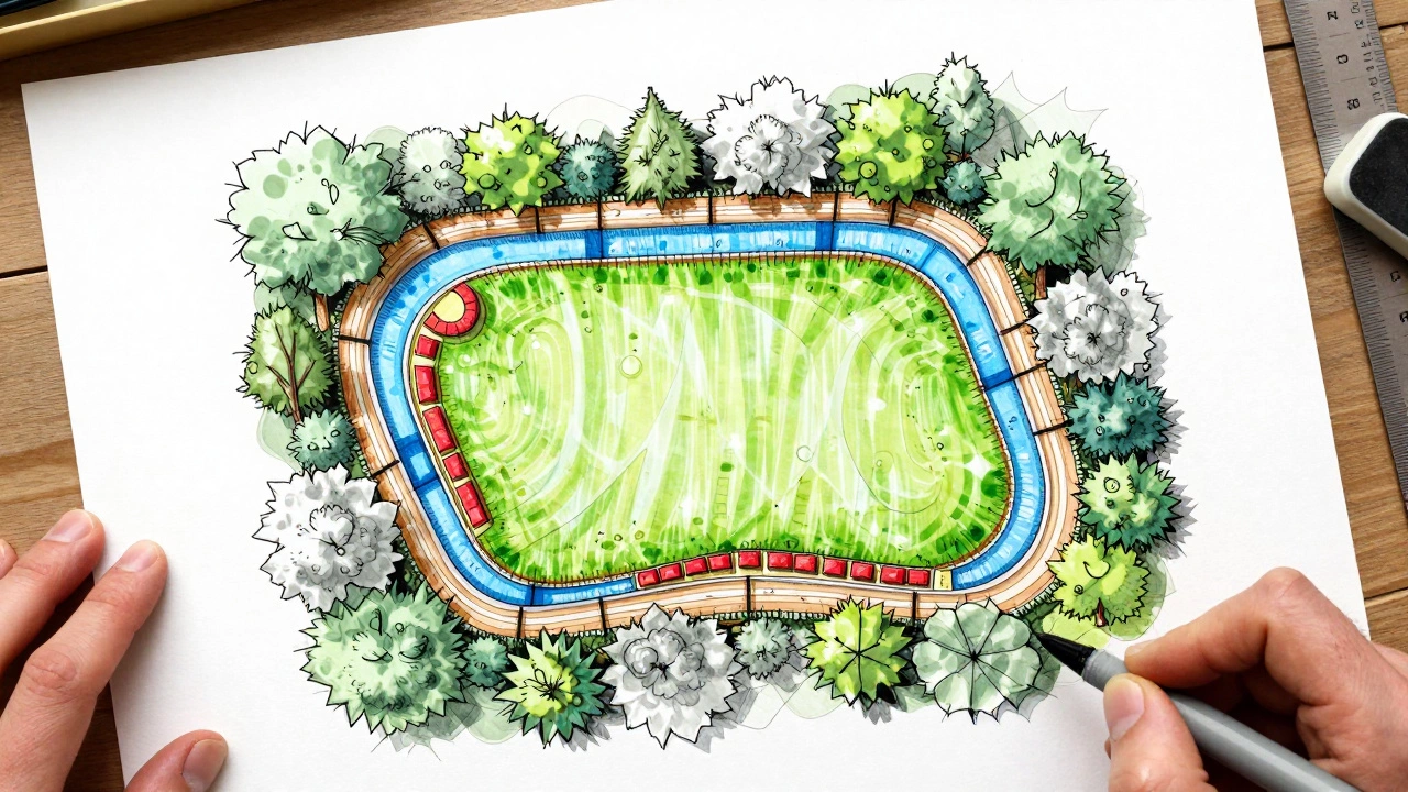 Черно-белый план сада с цветными зонами: газон, дорожки, водоем и зона отдыха.