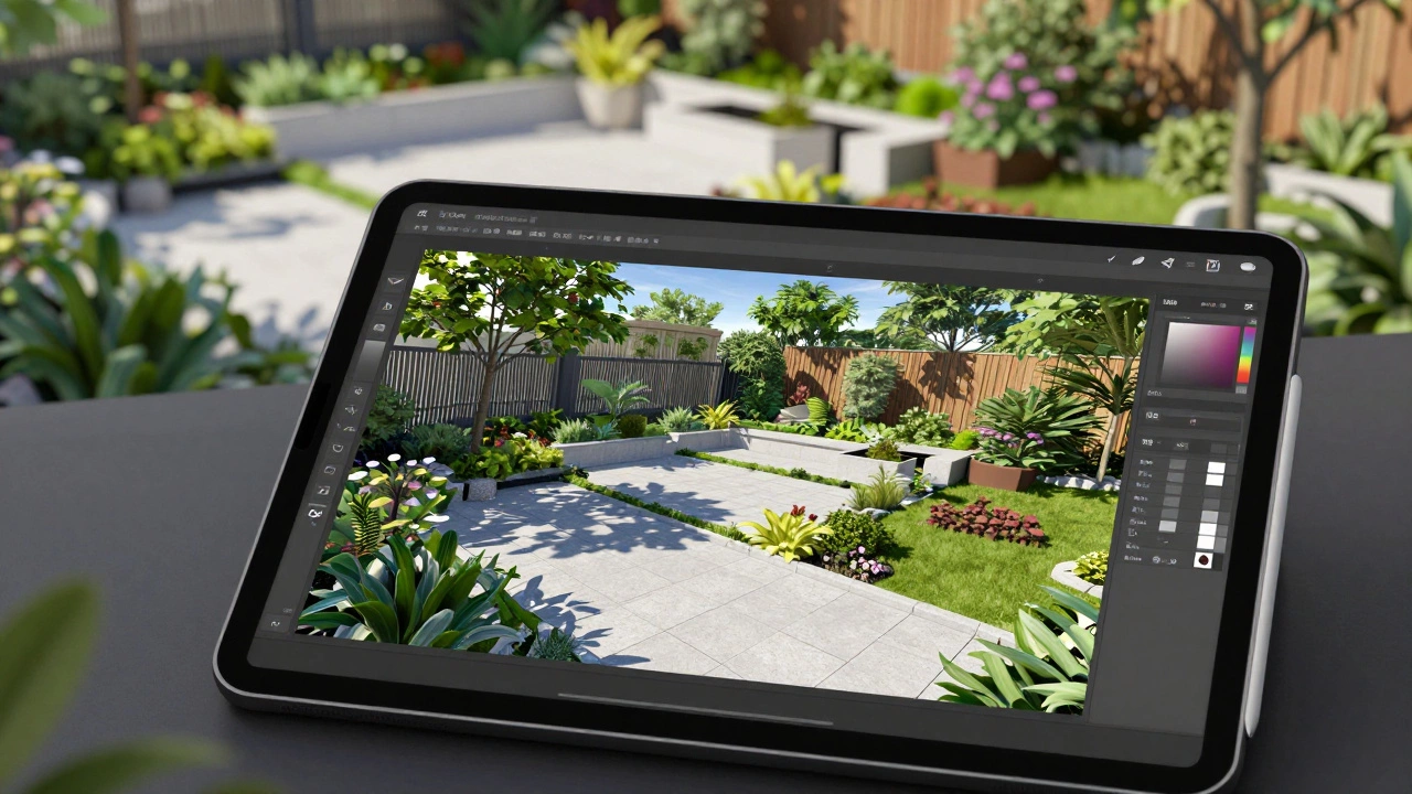 Цифровая 3D-модель сада на планшете с реалистичным освещением и тенями.