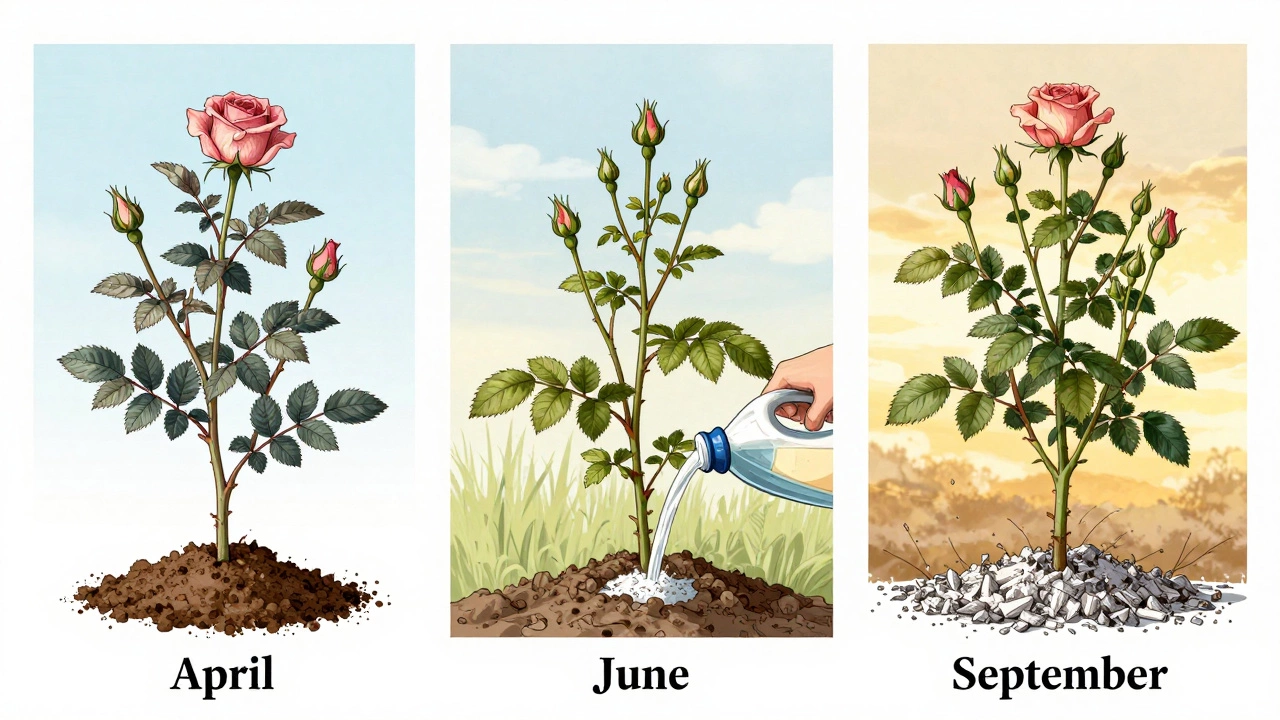Цикл ухода за цветами: весна, лето, осень — три сцены с удобрениями и растениями на разных этапах.