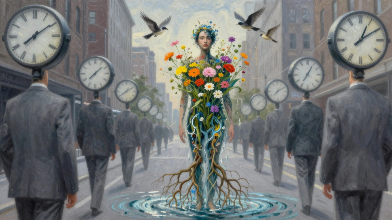 Фигура из воды и корней растет в городе, цветы расцветают из ее тела, вокруг — часы и серые костюмы.