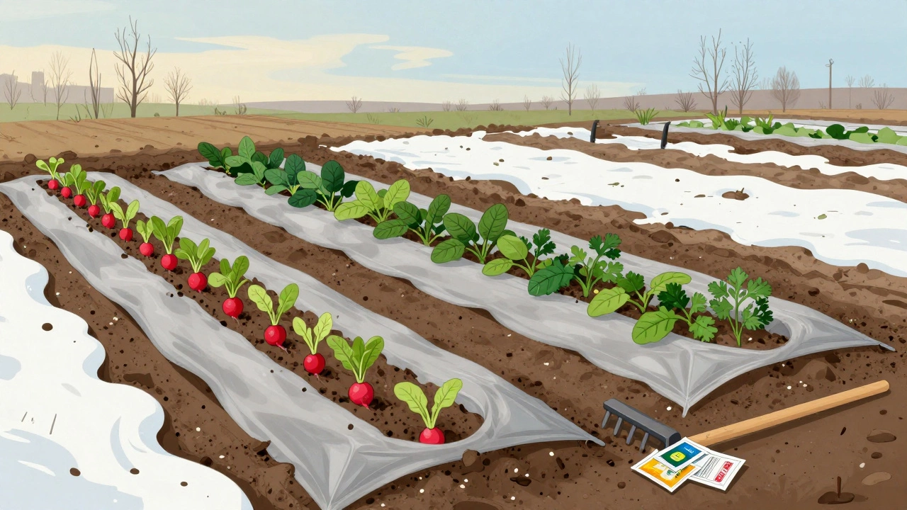 Грядки с высаженными редисом, шпинатом и петрушкой в марте под агроволокном