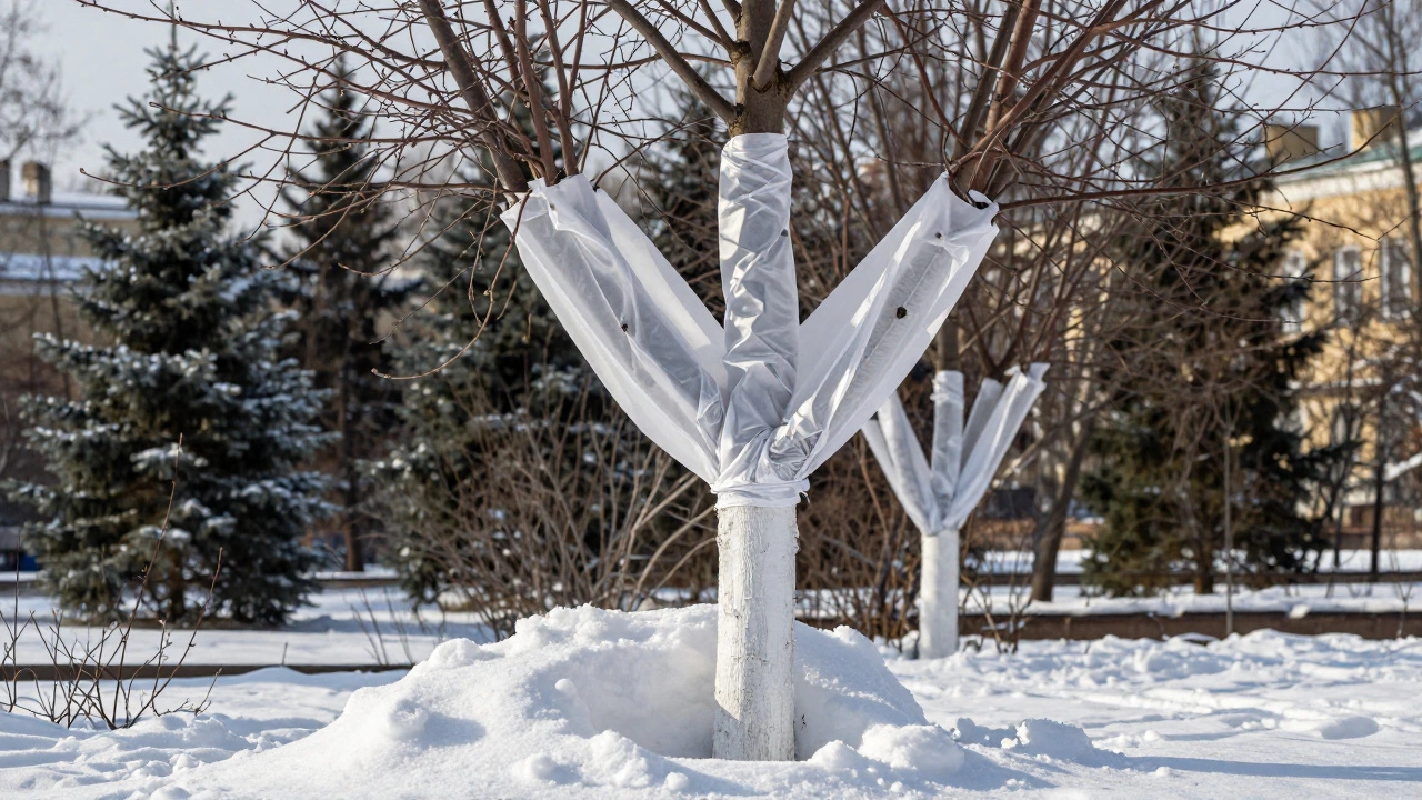 Молодое яблоневое дерево обмотано белой тканью и покрыто известковой смесью, у основания — ручная насыпь снега.