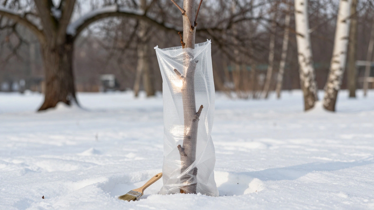 Молодое дерево с обернутым стволом и снегом вокруг, символизирующее зимнюю защиту.