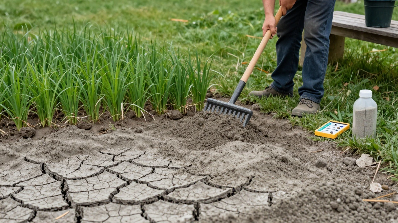Погибающий газон под слоем неподходящего песка постепенно восстанавливается после удаления песка и подсева.