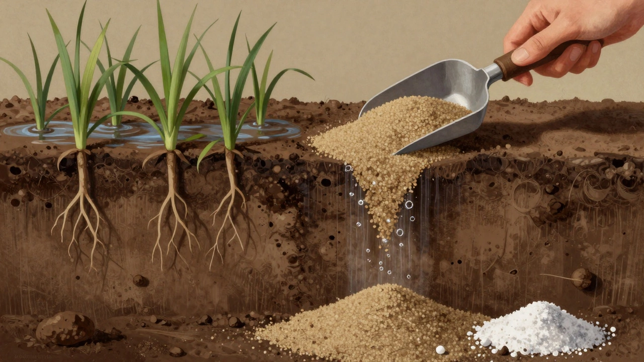 Разрез почвы: слева — тяжелая глина с застоем воды, справа — рыхлая структура после добавления песка.