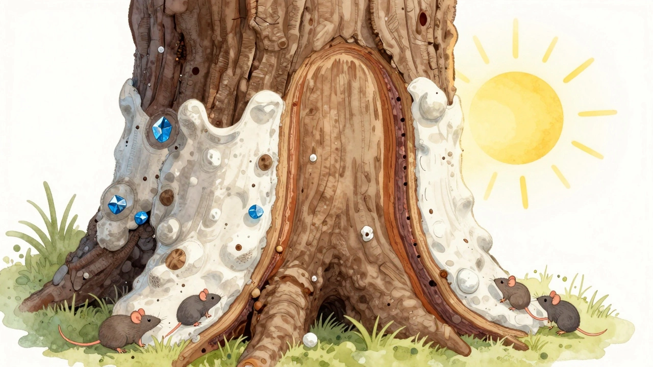 Разрез ствола дерева с защитным слоем побелки и вредителями у основания.