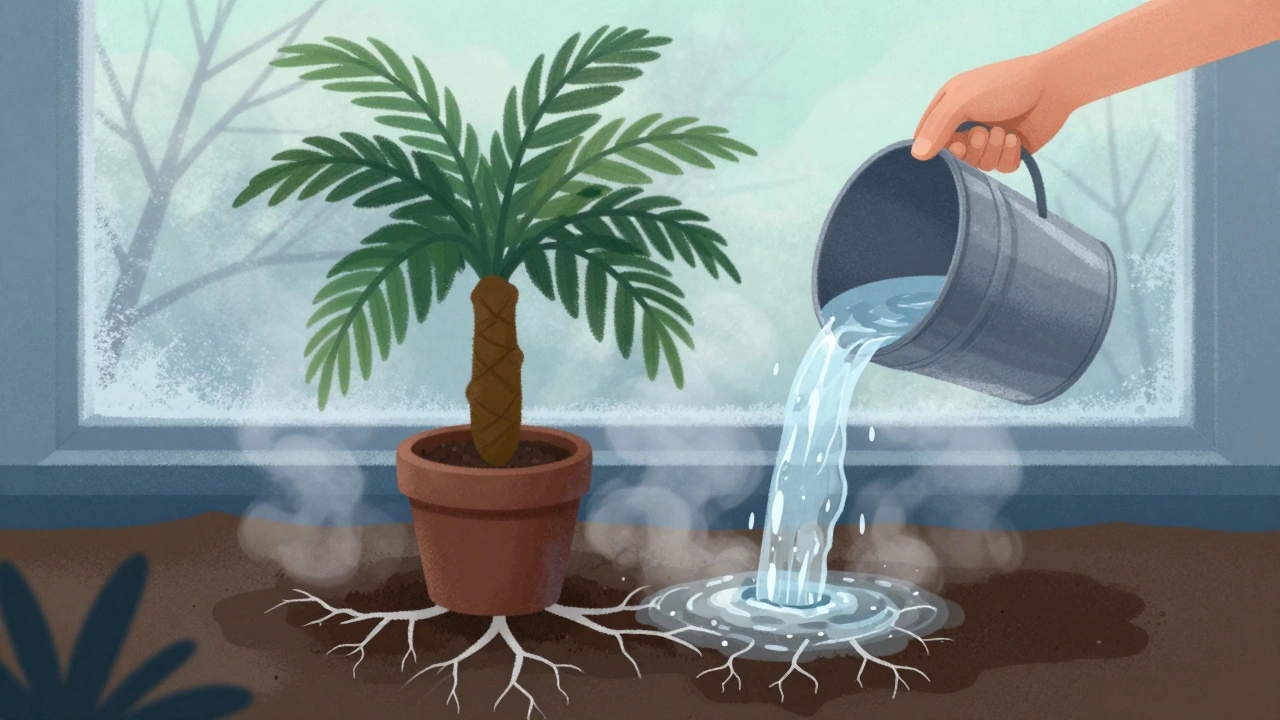 Рука поливает пальму ледяной водой, корни будто отталкивают холод.