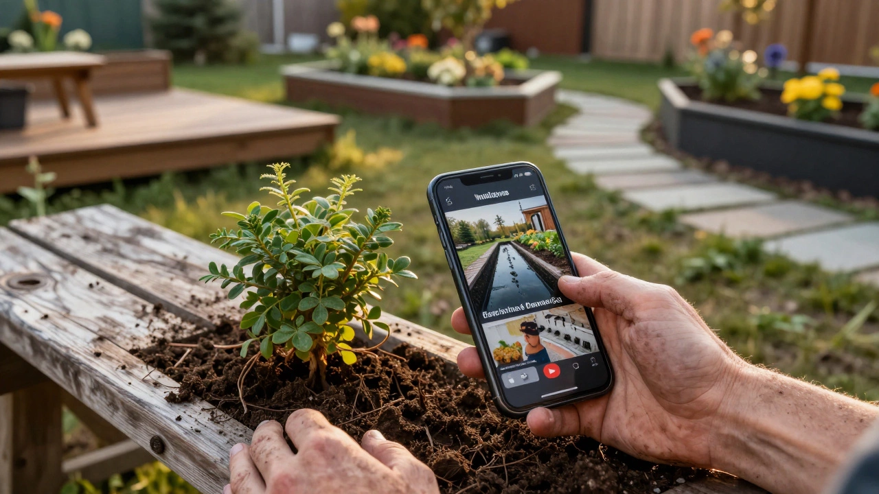 Рука сажает растение, глядя в телефон с уроком о дренаже, за спиной — три готовых сада в золотом свете.