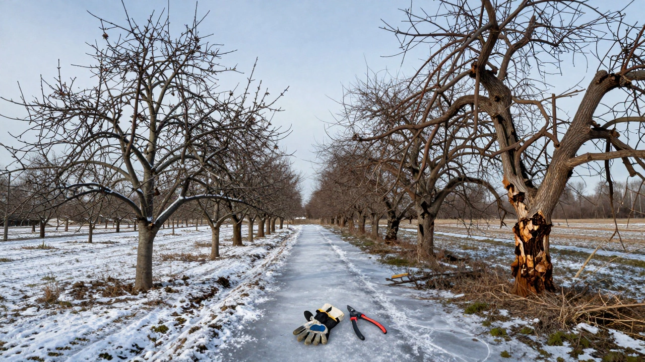 Сравнение здорового и запущенного дерева в зимнем саду, символизирующее правильную и неправильную обрезку.