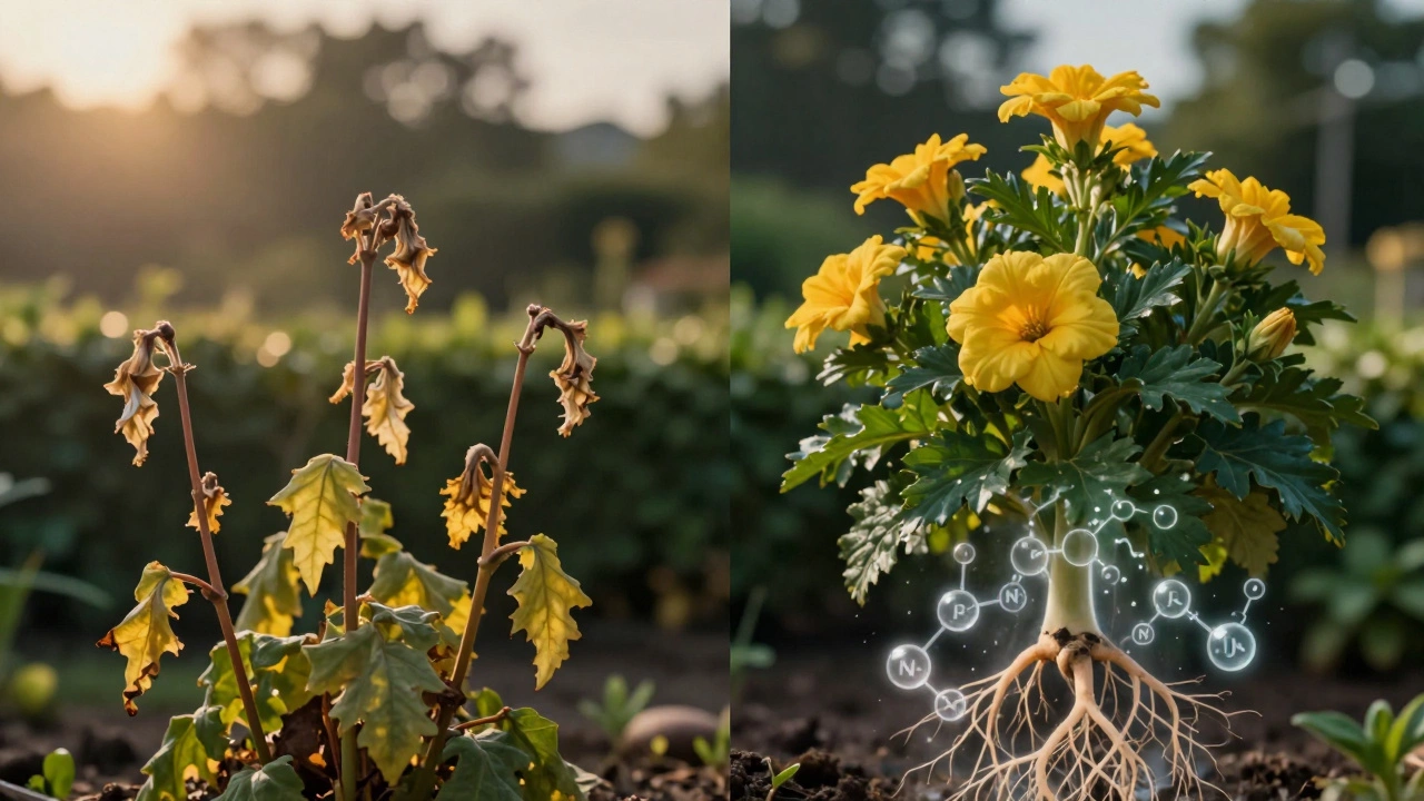 Сравнение здоровых и больных цветов: слева — увядающие, справа — пышно цветущие, с подсветкой питательных элементов.