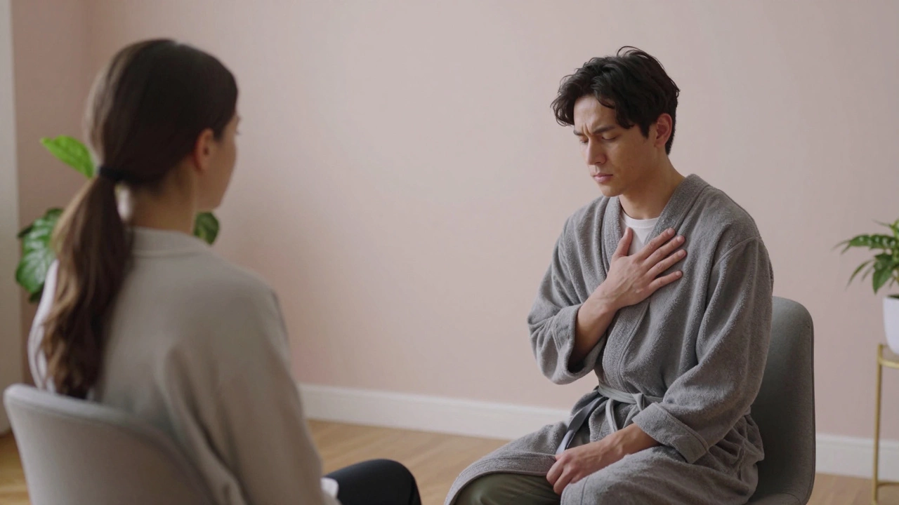 Терапевт и клиент молча сидят напротив друг друга, клиент держит руку на груди.