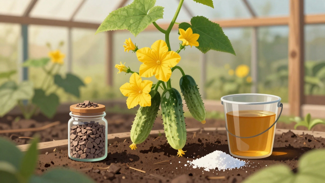 Цветущий огурец с натуральными удобрениями: зола, настой крапивы и калимагнезия.