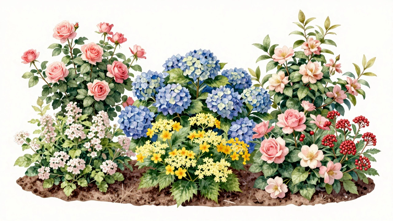 Композиция из шести кустарников, цветущих всё лето, в мягкой водяной живописи.